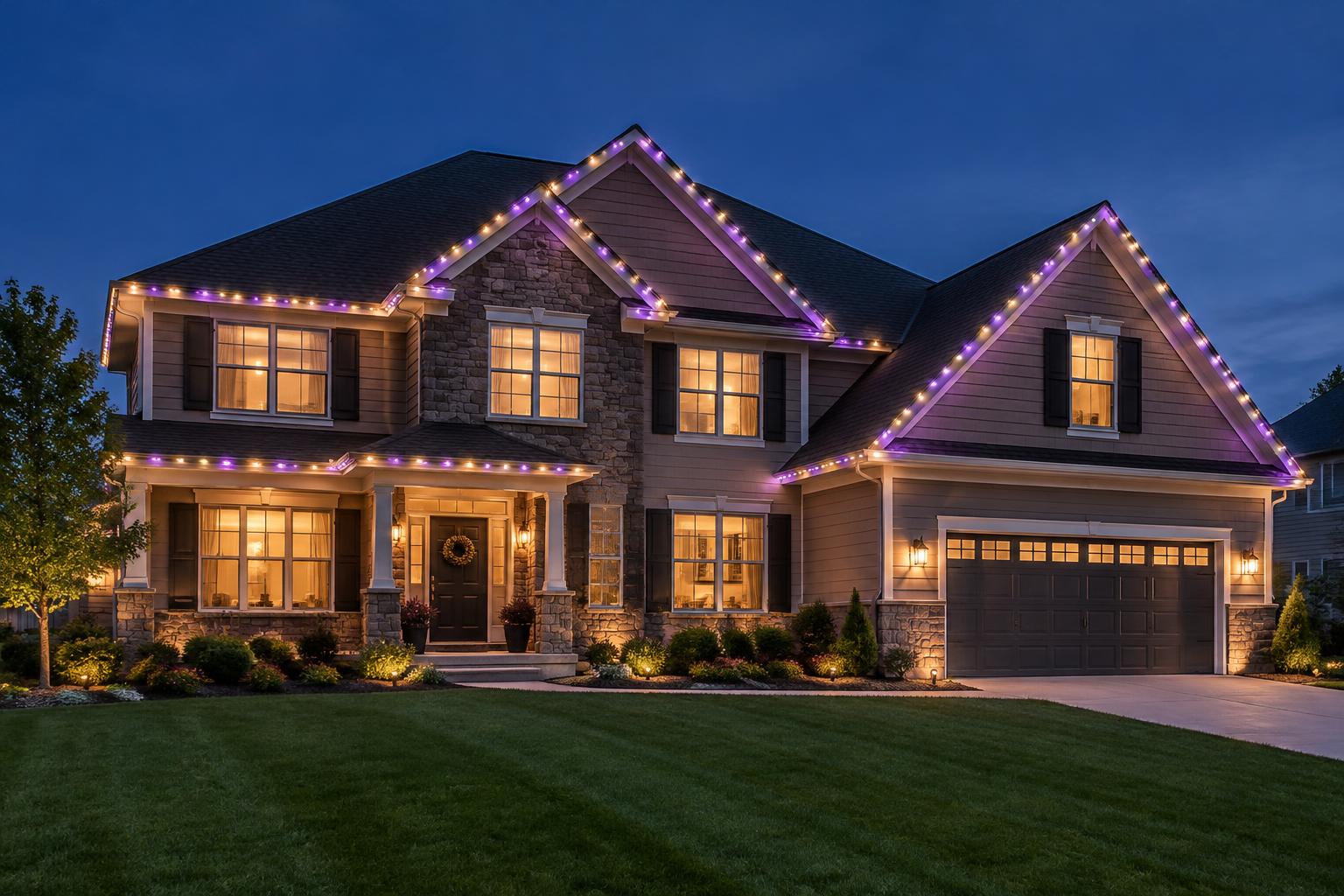 Home with warm white and purple permanent roofline holiday lighting at night