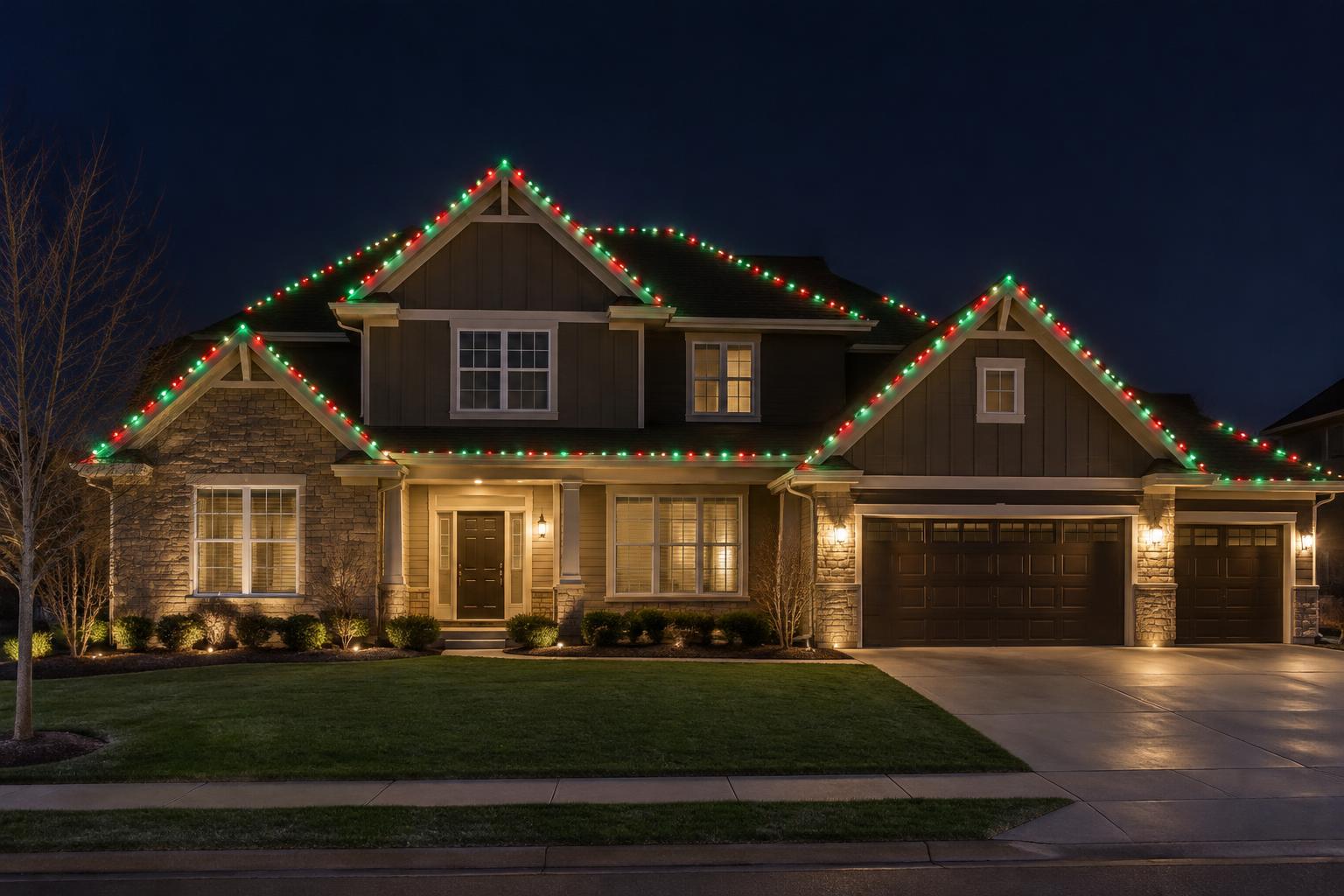 Home with red and green permanent roofline holiday lighting at night