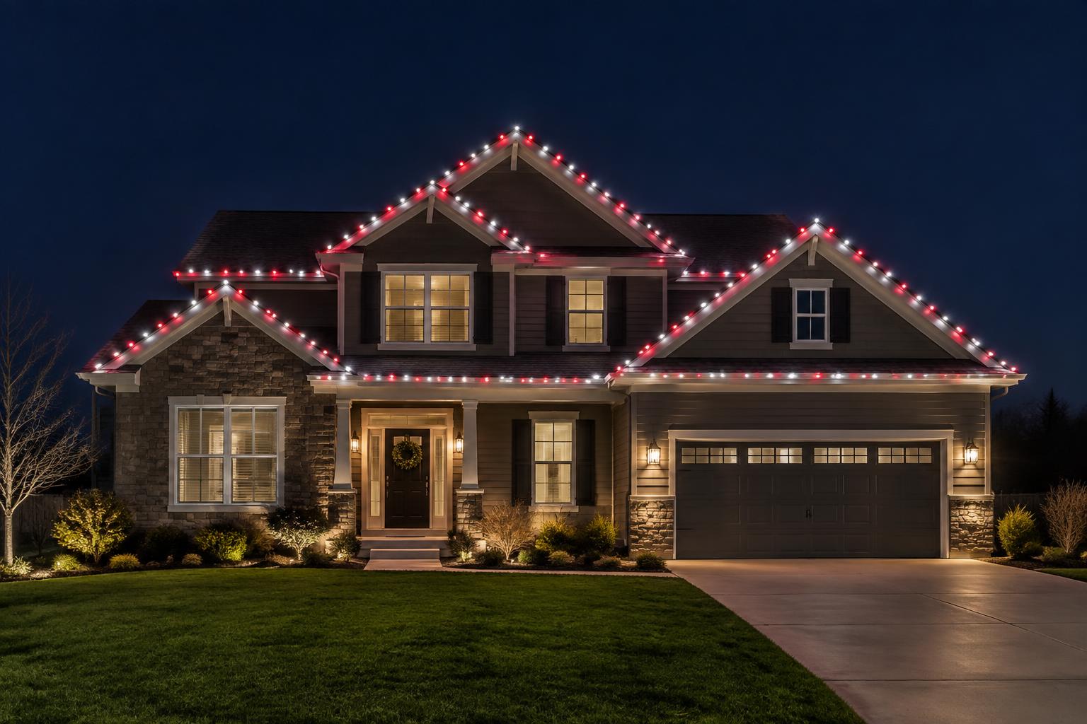 Home with red and white permanent roofline holiday lighting at night